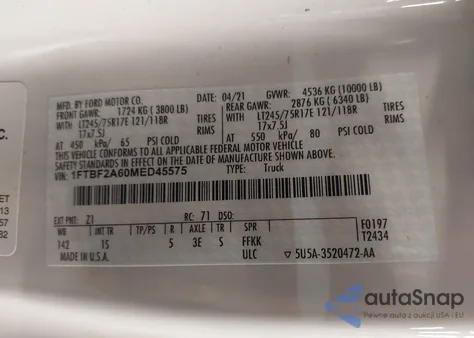 2021 Ford F-250 Xl from USA, damaged, VIN 1FTBF2A60MED45575